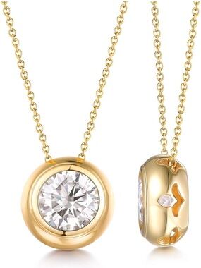 🆕 Gold Round 1ct Moissanite Diamond Bezel Cut Necklace with GRA Certificate